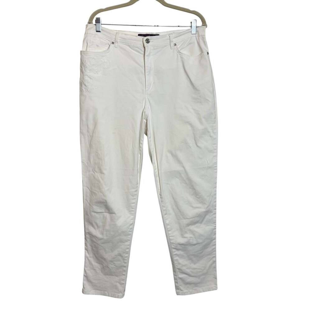 Gloria Vanderbilt Amanda Pants Floral Embroidered Size 14 White Stretch Cotton
